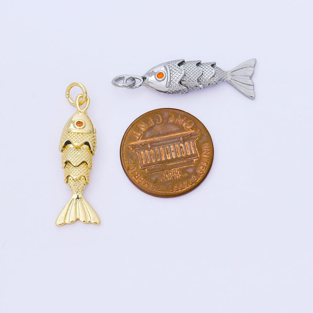 14K Gold Filled 9mm Orange CZ Multidimensional Textured Fish Sea Animal Charm | AF1525 AF1526