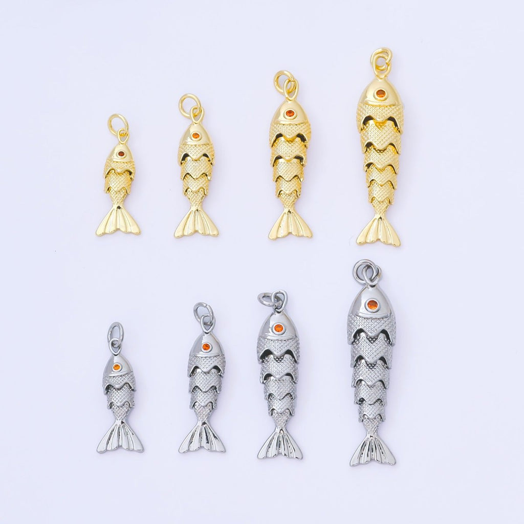 14K Gold Filled 9mm Orange CZ Multidimensional Textured Fish Sea Animal Charm | AF1525 AF1526