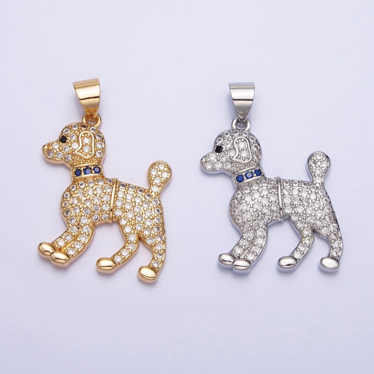 16K Gold Filled Blue-Collared Micro Paved CZ Dog Pet Animal Pendant in Gold & Silver | AA388 AA389