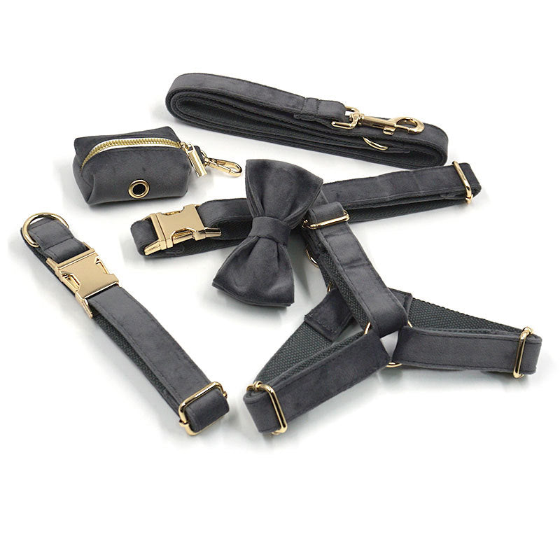Dark Grey Velvet Pet Collar Leash