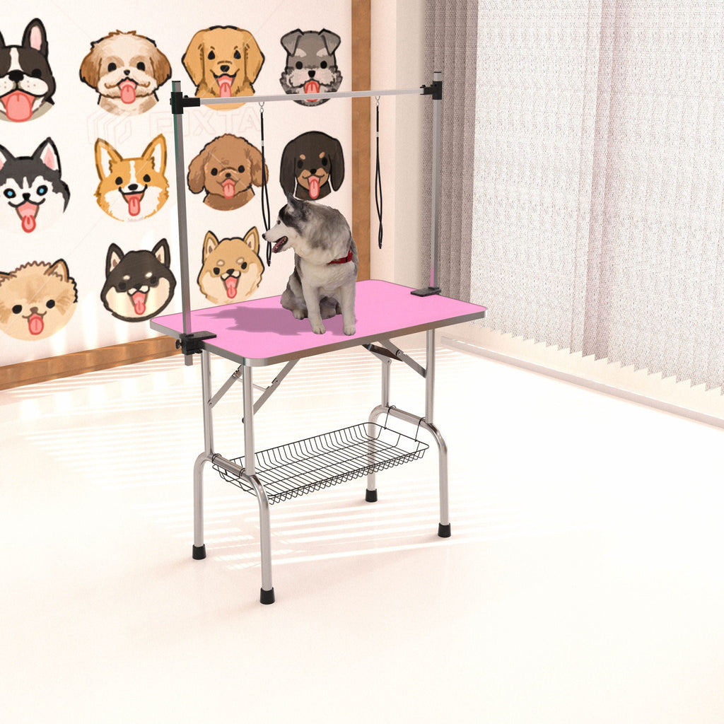 Folding Dog Pet Grooming Table Stainless Steel Frame Rubber Mat On Board With Adjustable Arm And Clamps Pet Dog Cat Grooming Table