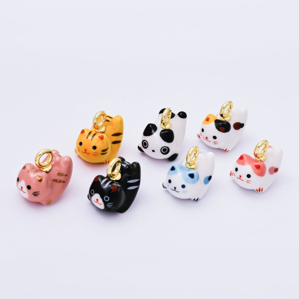 24K Gold Filled 21mm Blue, Pink, Tabby, Black, Rose, Orange, White Ceramics Cat Pet Animals Charm | AC1624 - AC1628