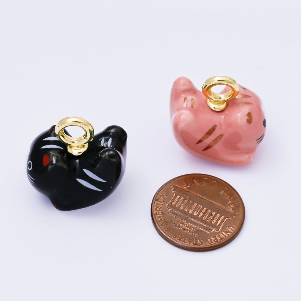 24K Gold Filled 21mm Blue, Pink, Tabby, Black, Rose, Orange, White Ceramics Cat Pet Animals Charm | AC1624 - AC1628