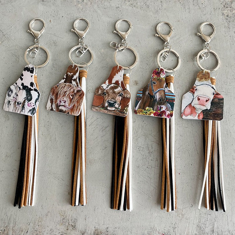 Handmade Popular Jewelry Western Farm Style Leather Keychain Cow Horse Deer Cow Brand Leather Tassels