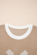 Horse Shoe Pattern Contrast Trim Short Sleeve Sweater