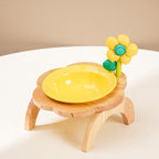 Cat Food Bowl With Wood Holder Stand Flower Shaped Ceramic Food Dish Water Bowl Cat Feeding Drinking Plates Multi Color