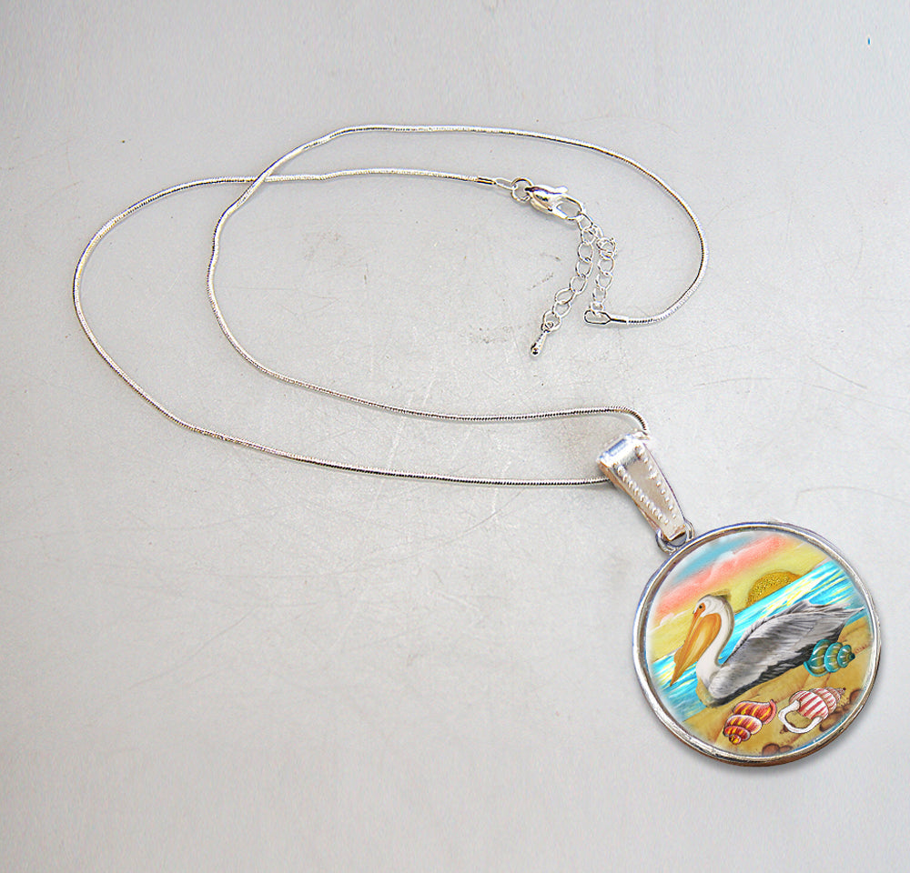Pelicans Birds at Sea Silver Plated Mother of Pearl Jewelry Pendant Necklace Coastal - 44047