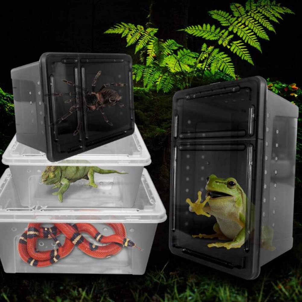 Portable Reptile Terrarium Habitat for Mini Pet Houses Breathable Holes Stackable Container (Black-M)