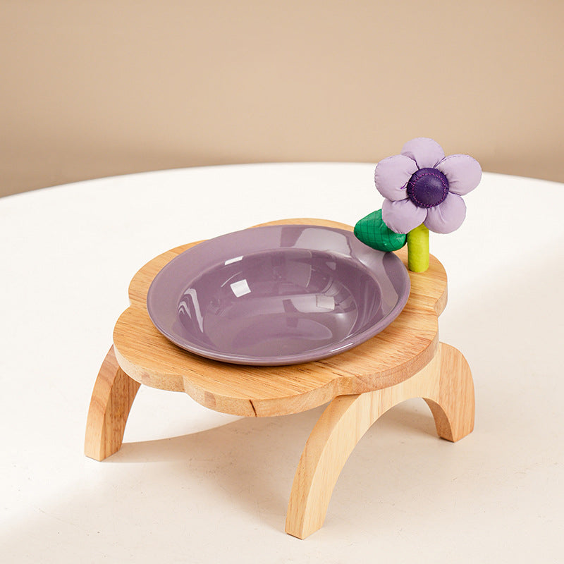 Cat Food Bowl With Wood Holder Stand Flower Shaped Ceramic Food Dish Water Bowl Cat Feeding Drinking Plates Multi Color