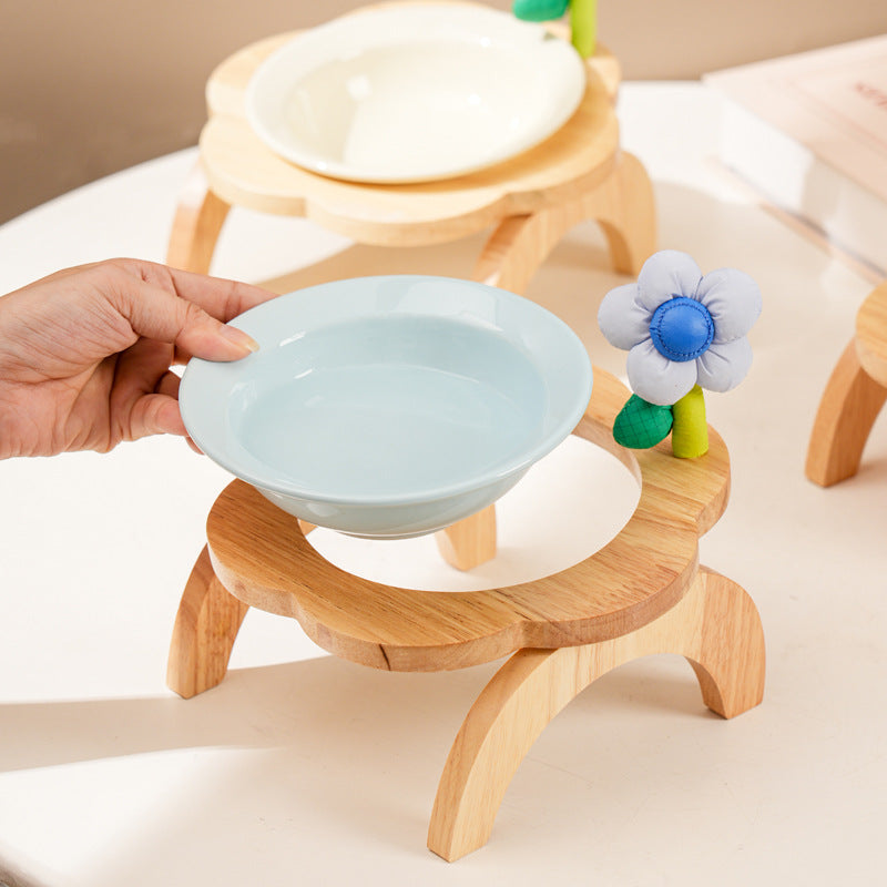 Cat Food Bowl With Wood Holder Stand Flower Shaped Ceramic Food Dish Water Bowl Cat Feeding Drinking Plates Multi Color