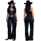 C7831 Cross Border 2026 New Women Sexy Western-style Halterneck Fringe Wide-leg Pants Slim-fit Party Jumpsuit