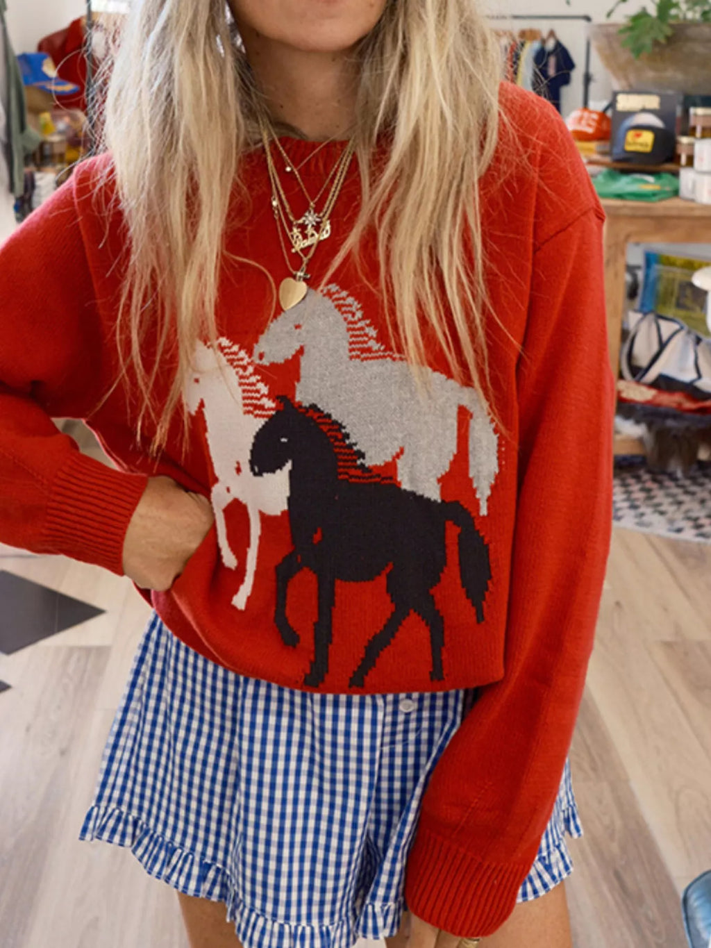 Horse Round Neck Long Sleeve Sweater