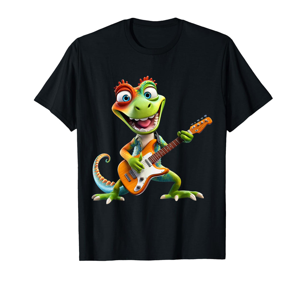 Cartoon Lizard Rocker Playing Electric T-Shirt - Unique Graphic Unisex