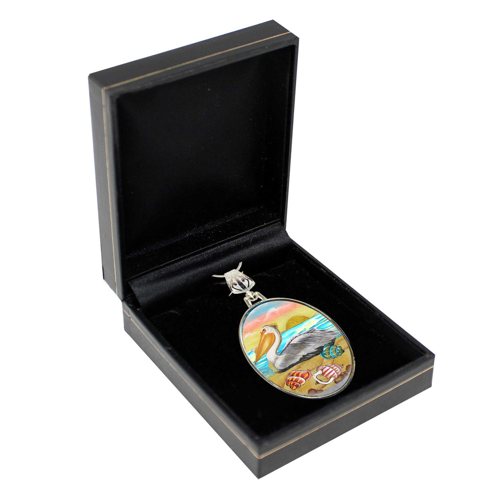 Pelicans Birds at Sea Silver Plated Mother of Pearl Jewelry Pendant Necklace Coastal - 44047
