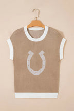 Horse Shoe Pattern Contrast Trim Short Sleeve Sweater