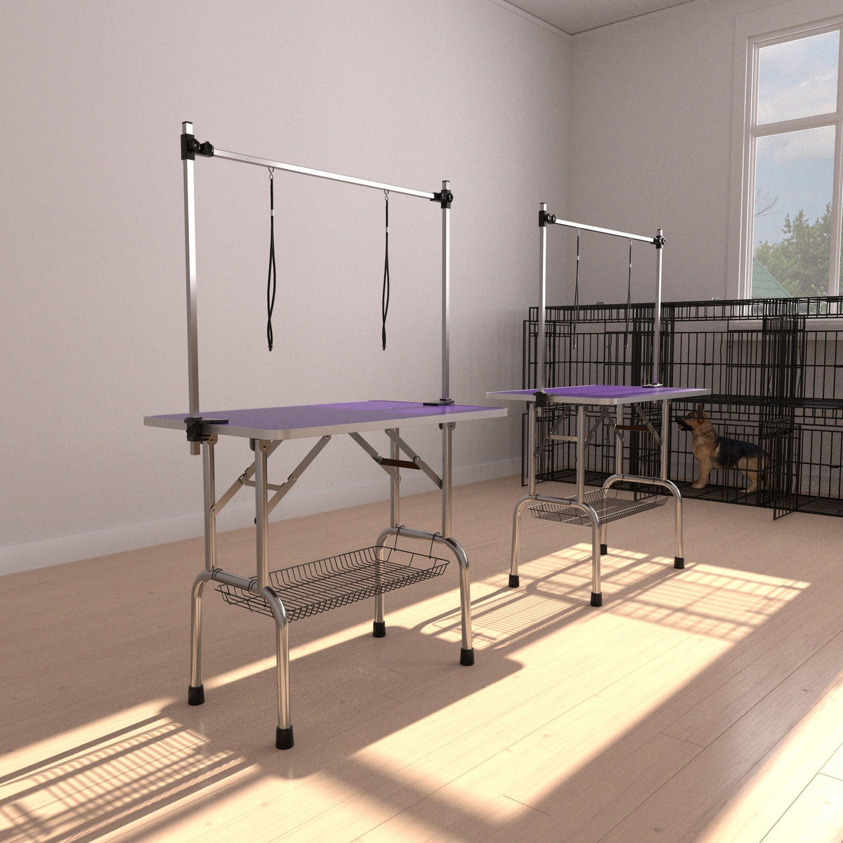 Folding Dog Pet Grooming Table Stainless Steel Frame Rubber Mat On Board With Adjustable Arm And Clamps Pet Dog Cat Grooming Table
