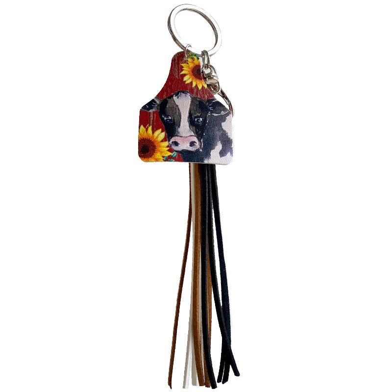 Handmade Popular Jewelry Western Farm Style Leather Keychain Cow Horse Deer Cow Brand Leather Tassels