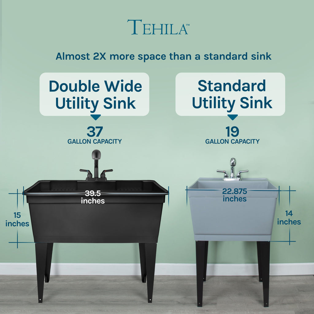 Tehila Freestanding Double-Wide Black Utility Sink with Steel Legs & Black Pull-Out Faucet, Multi-Purpose Heavy-Duty Laundry Tub and Kitchen Sink for Homes & Business