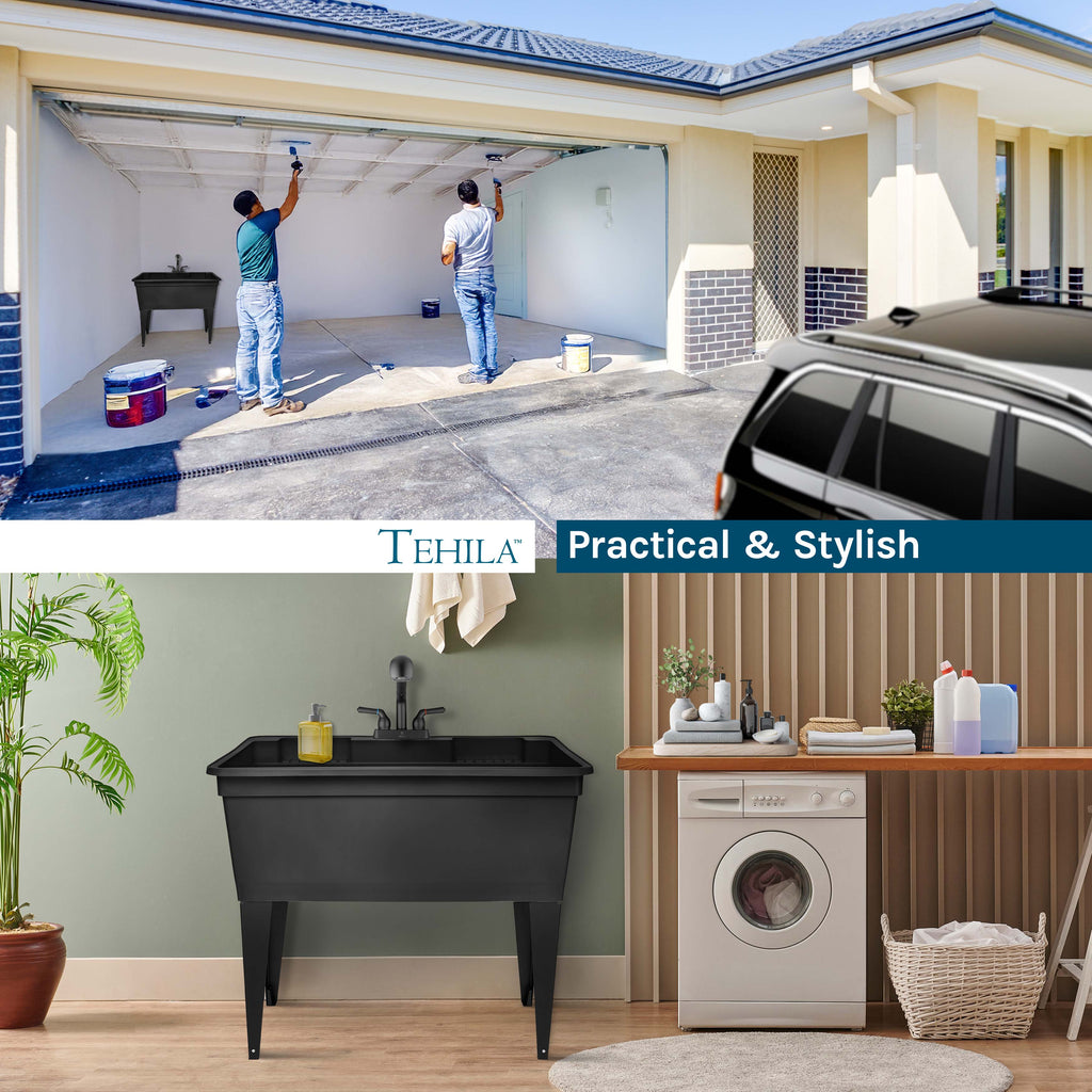 Tehila Freestanding Double-Wide Black Utility Sink with Steel Legs & Black Pull-Out Faucet, Multi-Purpose Heavy-Duty Laundry Tub and Kitchen Sink for Homes & Business