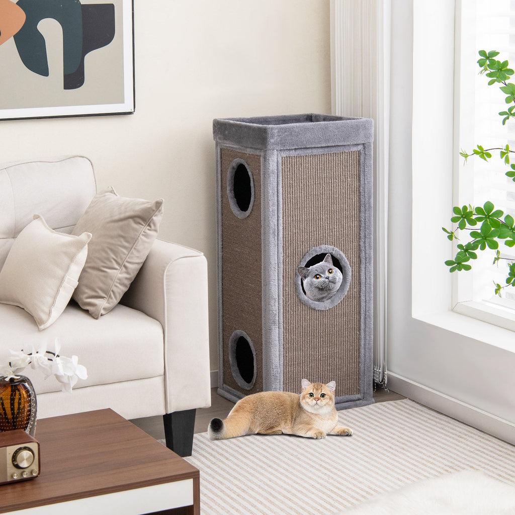 39 Inch Tall Cat Condo with Scratching Posts and 3 Hideaways and 4 Soft Plush Cushions-Gray