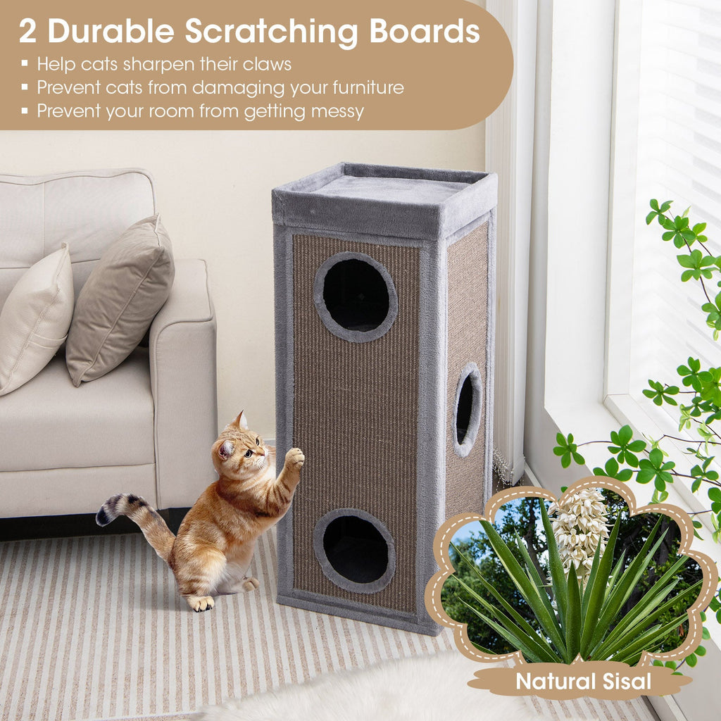 39 Inch Tall Cat Condo with Scratching Posts and 3 Hideaways and 4 Soft Plush Cushions-Gray