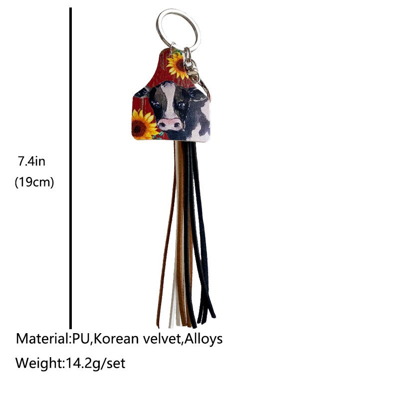 Handmade Popular Jewelry Western Farm Style Leather Keychain Cow Horse Deer Cow Brand Leather Tassels