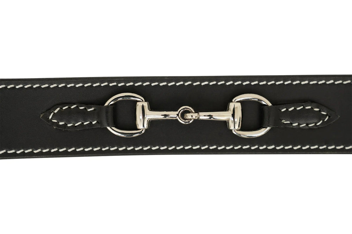 Huntley Equestrian Ladies Stirrup Buckle, Snaffle Bit, 1.5" Inch Width Leather Belt, Black