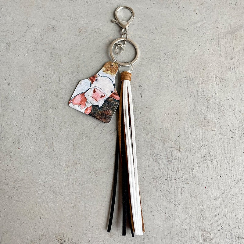 Handmade Popular Jewelry Western Farm Style Leather Keychain Cow Horse Deer Cow Brand Leather Tassels