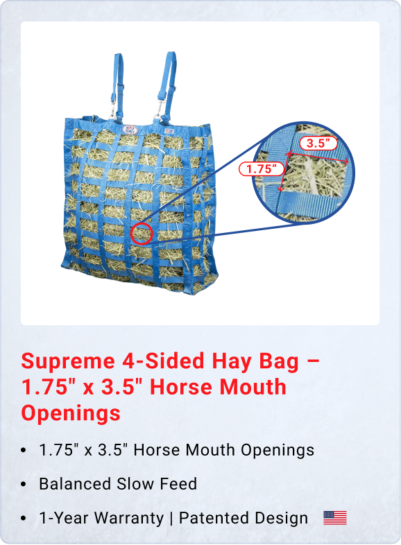Supreme 4-Sided Hay Bag – 1.75" x 3.5" Horse Mouth Openings – Balanced Slow Feed – 1-Year Warranty | Patented Design