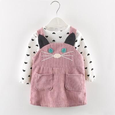 Modern Girls Clothes Sets Cotton Long Sleeves Dot T-shirt and Cat Strap Dress 2Pcs Baby Clothing Dress For Girls and Babies from 6-24months and Girls 3-4years