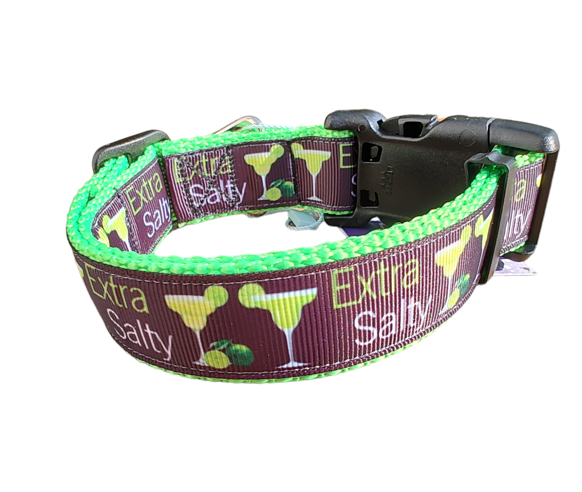 Extra Salty Margarita Neon Green Nylon Dog Collar MD, LG, XL, Leash