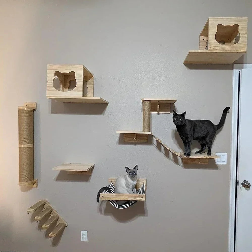 Wall Cat Climbing Shelves Cat Tree Tower Hammock Perches Ladder Solid Wood Steps for Cats Activity Indoor Pet Wall Furniture