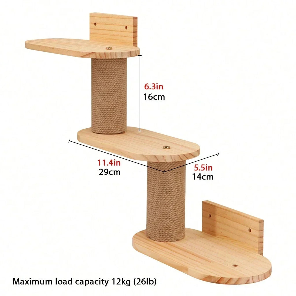 Wall Mounted Solid Wooden Cat Climbing Frame Hammock Scratching Post Shelf with Sisal Jumping Platform Ladder Steps Furniture