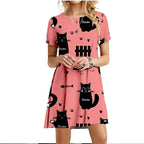 Painted Patters Cats Print Dress Short Sleeve Kawaii Women Dresses Summer For 2022 Fashion O-Neck Street Casual Loose Clothing