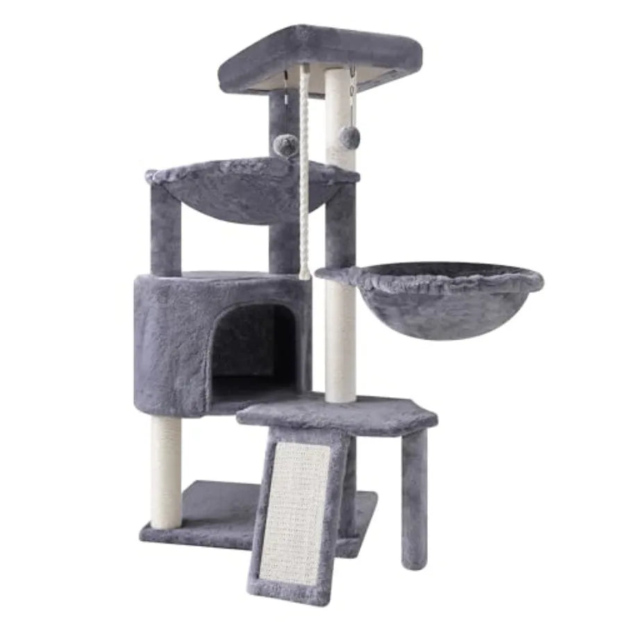 Xin Three Layer Cat Tree with Cat Condo and Two Hammocks in Grey for Indoor Cats Durable Sisal Wrapping and Soft Fleece Lining
