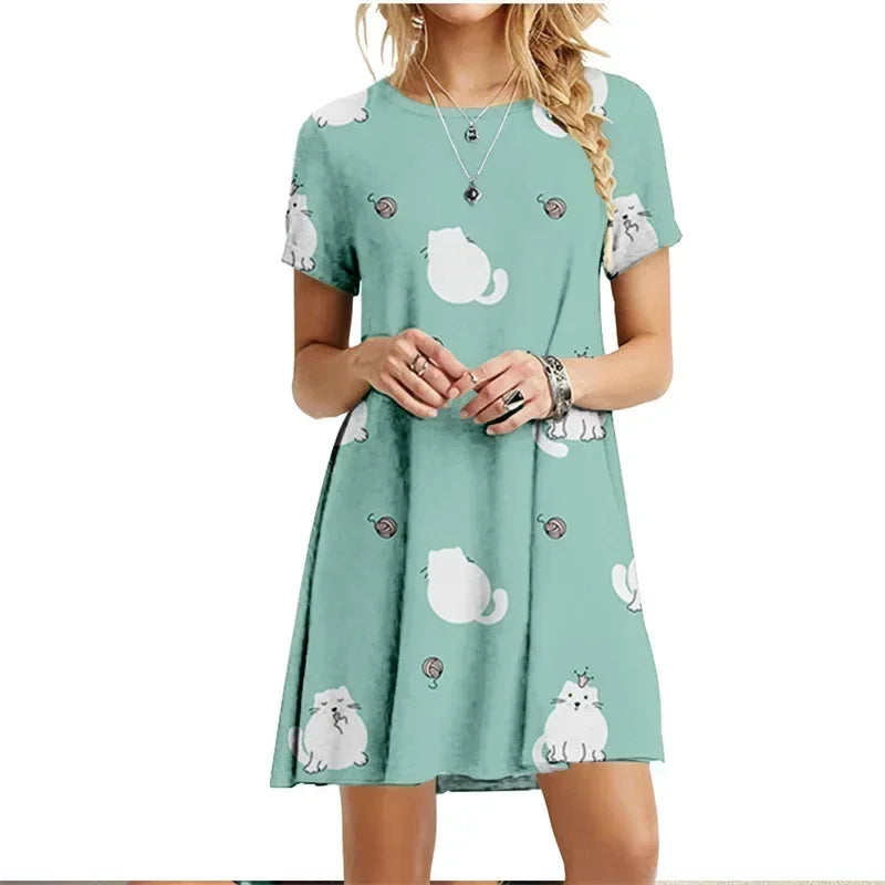 Painted Patters Cats Print Dress Short Sleeve Kawaii Women Dresses Summer For 2022 Fashion O-Neck Street Casual Loose Clothing