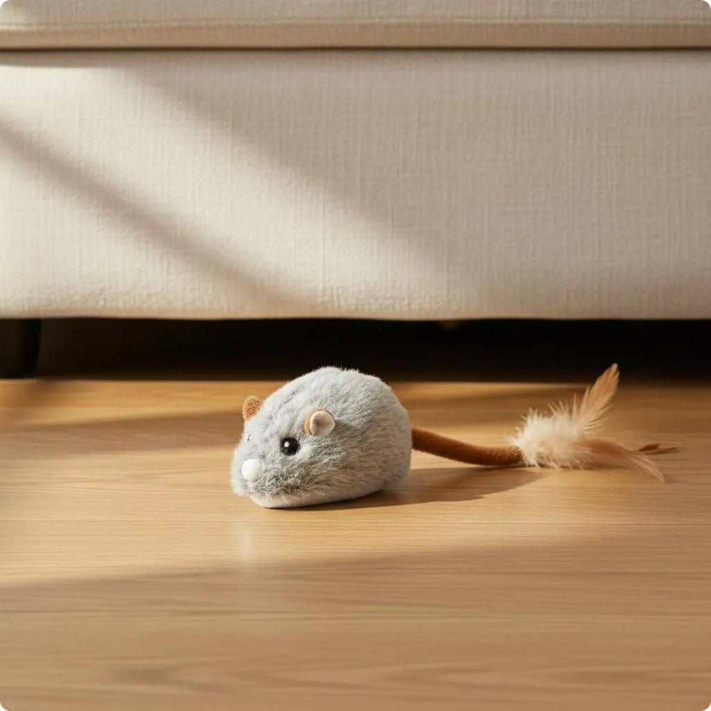 Rechargeable Feline Mouse Toy Feather Tail Interactive Feline Mouse Realistic Sound Obstacle Avoidance for Cats, Indoor