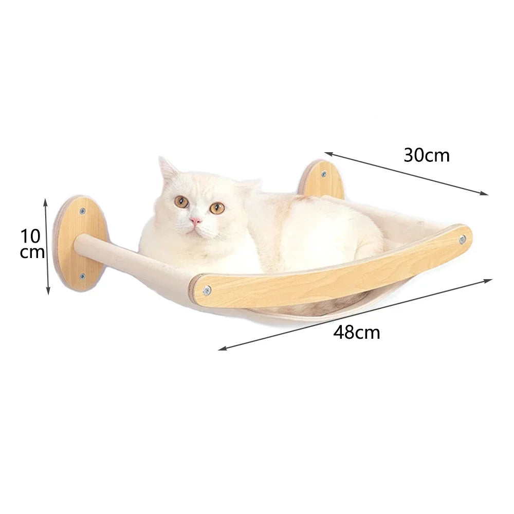 Wall Mounted Solid Wooden Cat Climbing Frame Hammock Scratching Post Shelf with Sisal Jumping Platform Ladder Steps Furniture