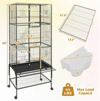 69-Inch Extra Large Rolling Bird Cage for Parrots and Cockatiels Flight Cage with Storage Shelf,Feed Bowls & Wood Perches