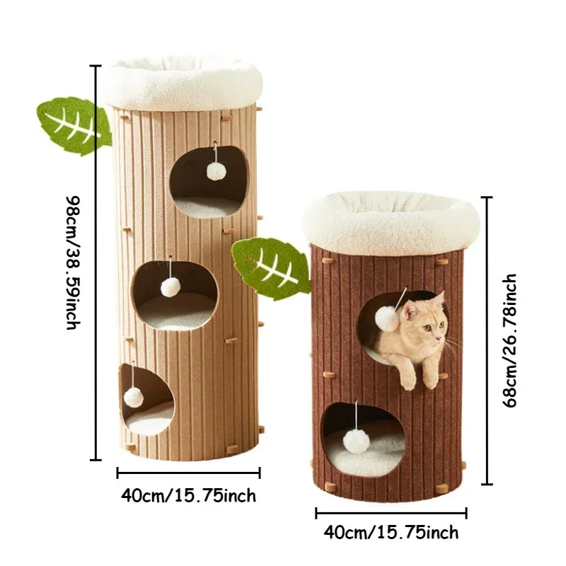 Cat House for Indoor Cats 2/3-Storey Large Cat Bed Cave Cozy Felt Covered Cats Tunnel Condo Hideaway Cat Scratcher for Multicats