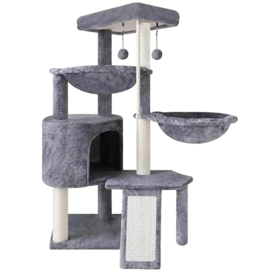 Xin Three Layer Cat Tree with Cat Condo and Two Hammocks in Grey for Indoor Cats Durable Sisal Wrapping and Soft Fleece Lining
