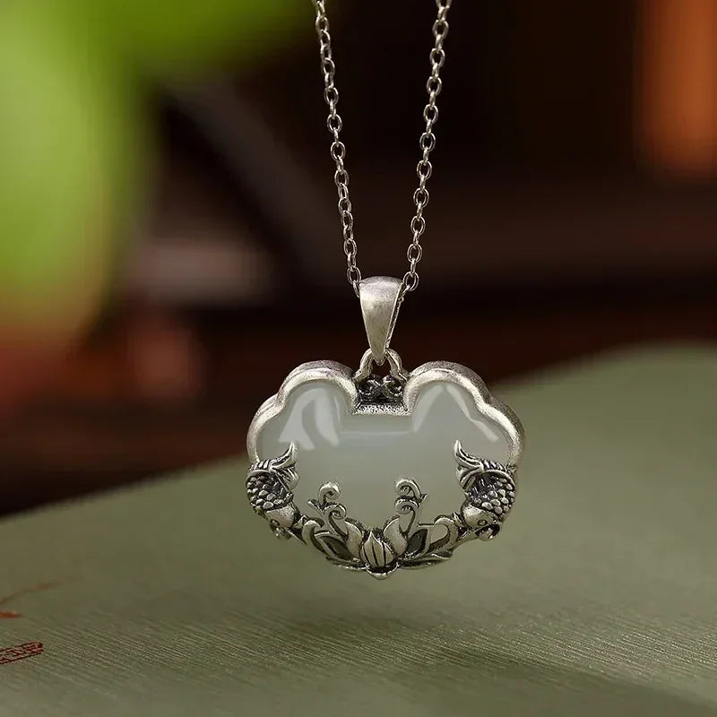 925 silver Natural Hotan Jade fish-shaped Lotus flower necklace Retro Chinese style Ruyi Pendant clavicle chain jewelry