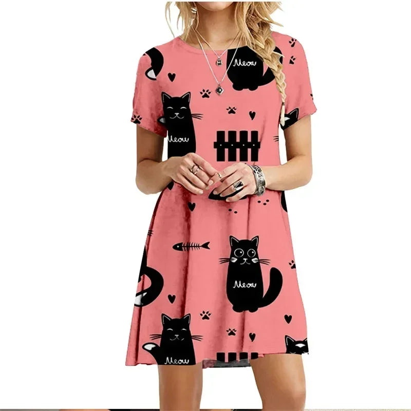 Painted Patters Cats Print Dress Short Sleeve Kawaii Women Dresses Summer For 2022 Fashion O-Neck Street Casual Loose Clothing