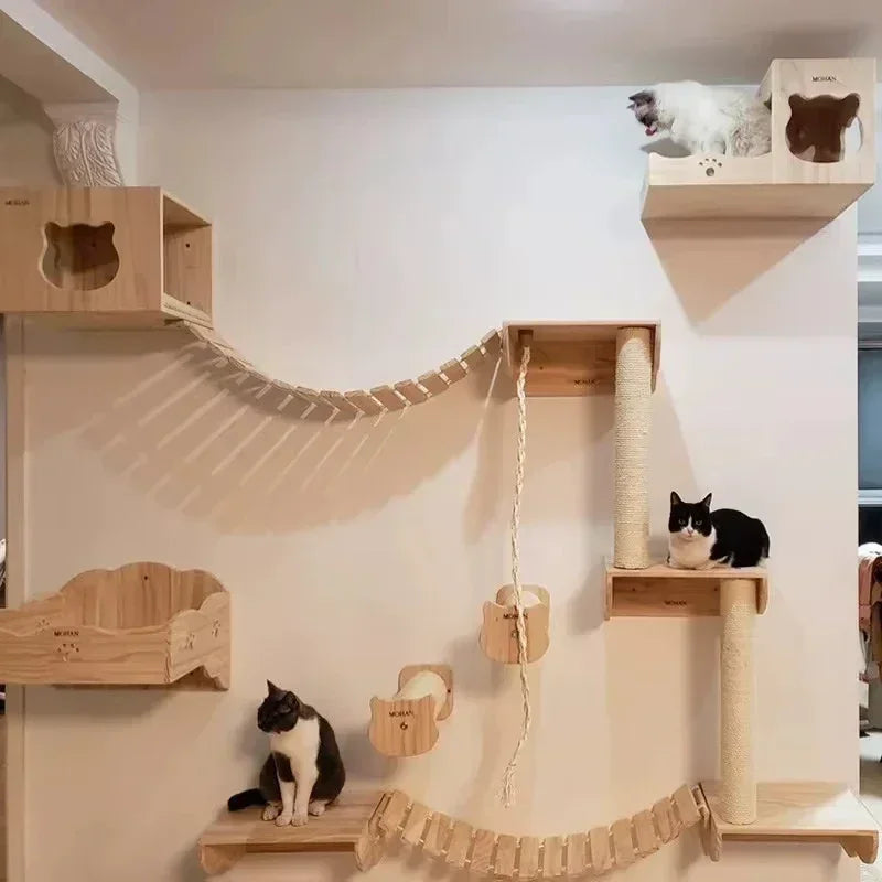 Wall Cat Climbing Shelves Cat Tree Tower Hammock Perches Ladder Solid Wood Steps for Cats Activity Indoor Pet Wall Furniture