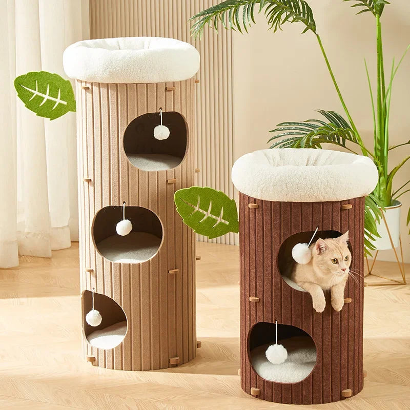 Cat House for Indoor Cats 2/3-Storey Large Cat Bed Cave Cozy Felt Covered Cats Tunnel Condo Hideaway Cat Scratcher for Multicats