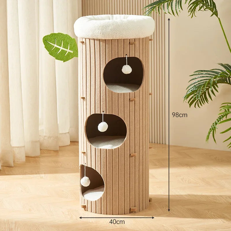 Cat House for Indoor Cats 2/3-Storey Large Cat Bed Cave Cozy Felt Covered Cats Tunnel Condo Hideaway Cat Scratcher for Multicats