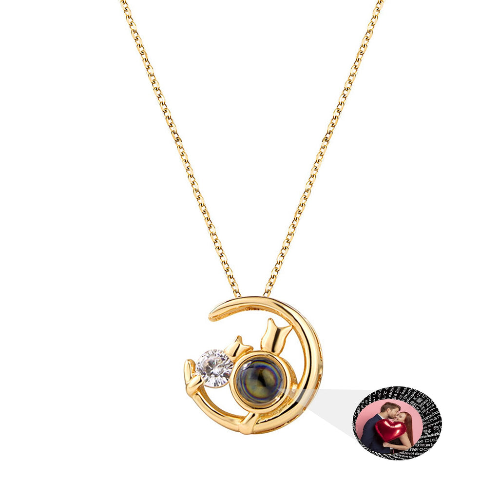 Moon Cat with customizable photos Projection Necklace  Pendant Jewelry