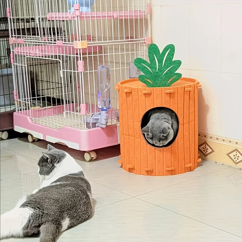 Carrot-Shaped Cat Scratcher & Hideout House, 2-in1 Cozy Felt Playground for Indoor Cats, Removable Non-Shedding Cat Bed