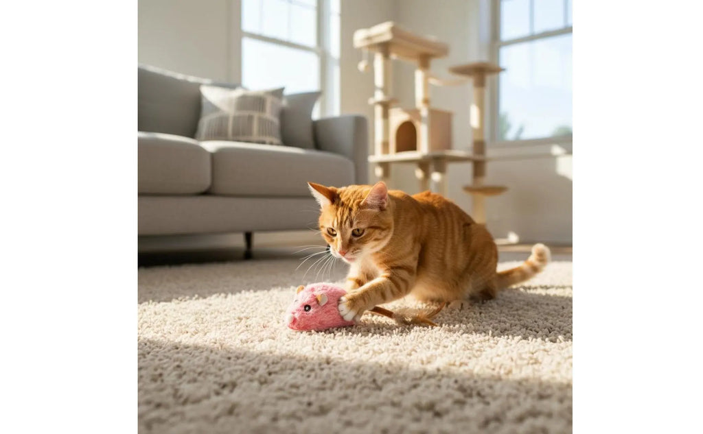 Rechargeable Feline Mouse Toy Feather Tail Interactive Feline Mouse Realistic Sound Obstacle Avoidance for Cats, Indoor