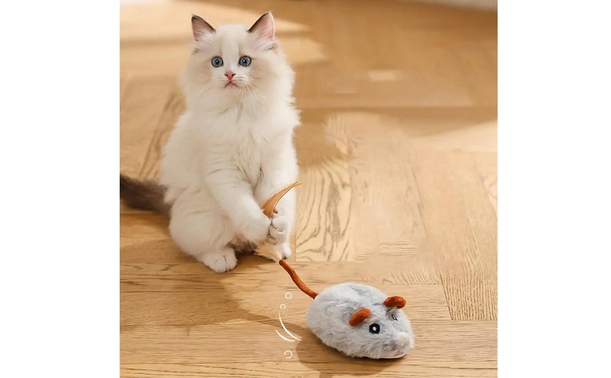 Rechargeable Feline Mouse Toy Feather Tail Interactive Feline Mouse Realistic Sound Obstacle Avoidance for Cats, Indoor